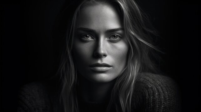A black and white photo of a woman. Generative AI image.
