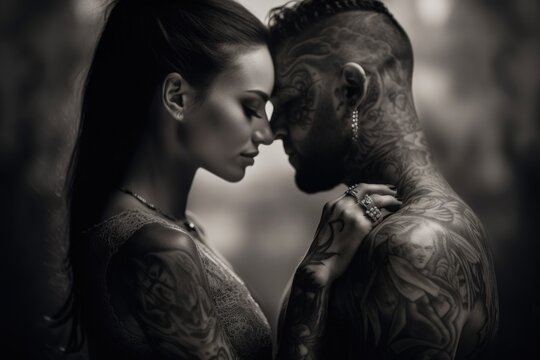A man and a woman with tattoos on their arms. Generative AI image.