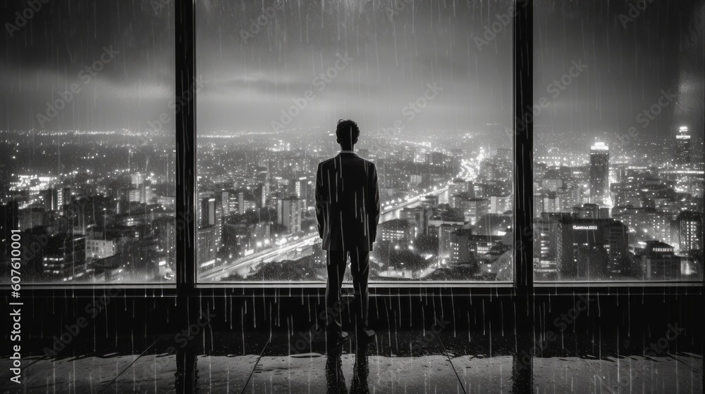 Poster a man standing in front of a window looking at a city. generative ai image.