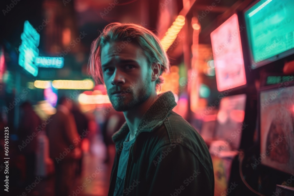 Poster a man standing in front of a bunch of neon signs. generative ai image.