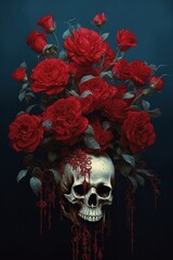 A skull with a bunch of red roses in it. Generative AI image.