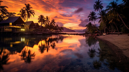 Fototapeta na wymiar Exotic tropical paradise. Beautiful waterfront village in the distance