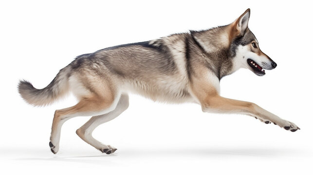 running Czechoslovakian Wolfdog in white background Created with Generative AI technology