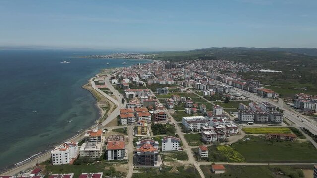Aerial view of Lapseki, a small town along the coast on Dardanelles Strait, Canakkale, Turkey.