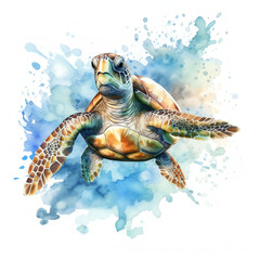 AI Generated Watercolor Illustration of a Playful Sea Turtle, Vibrant and Serene Underwater Life in Whimsical Artistic Style