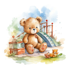 AI generated Watercolor Clipart: Teddy Bear at the Park on White Background