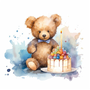 AI Generated Cute Teddy Bear with Birthday Cake: Watercolor Illustration for Pet Lovers and Celebration Projects.