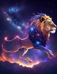 Type of Image: Digital IllustrationSubject Description: {A celestial lion, its body composed of vibrant, glowing star constellations against a dark space backdrop. The lion is leaping across galaxies,