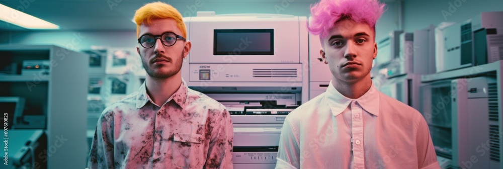 Poster two men with pink hair standing in front of a computer. generative ai image.
