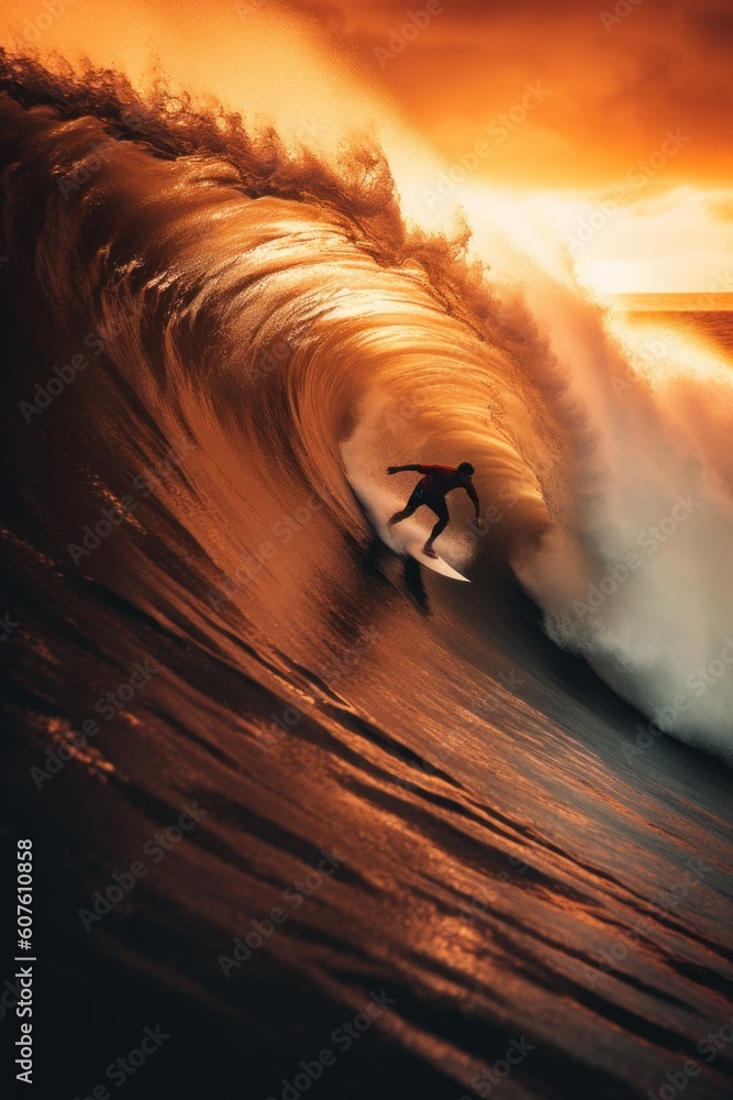 Poster a surfer is riding a large wave in the ocean. generative ai image.