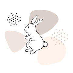 Happy Rabbit as design element. Easter bunny. Hand drawn sketch style. Colorful blobs background. 
