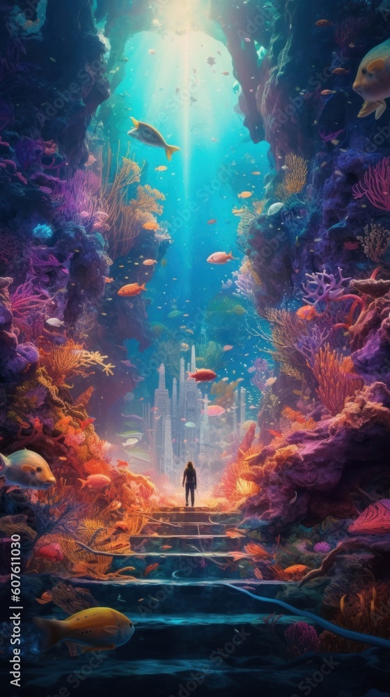 Poster a man standing on a stairway in an underwater world. generative ai image.