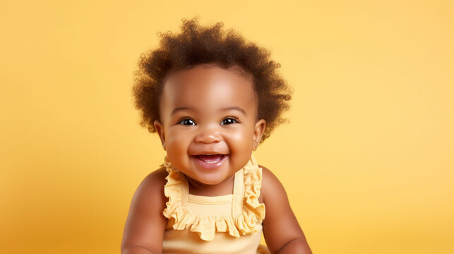 Smiling afro-american baby on the yellow background, copyspace. Generative AI