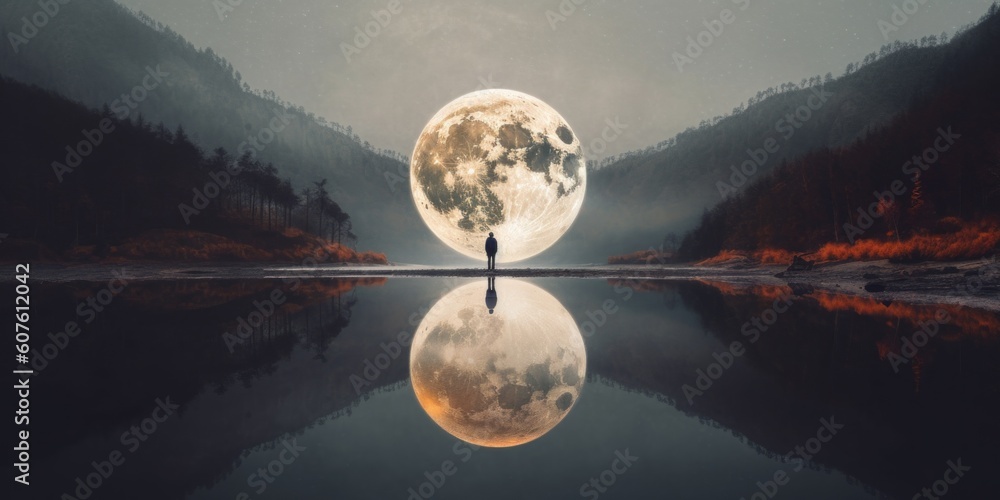 Poster a person standing in front of a full moon. generative ai image.