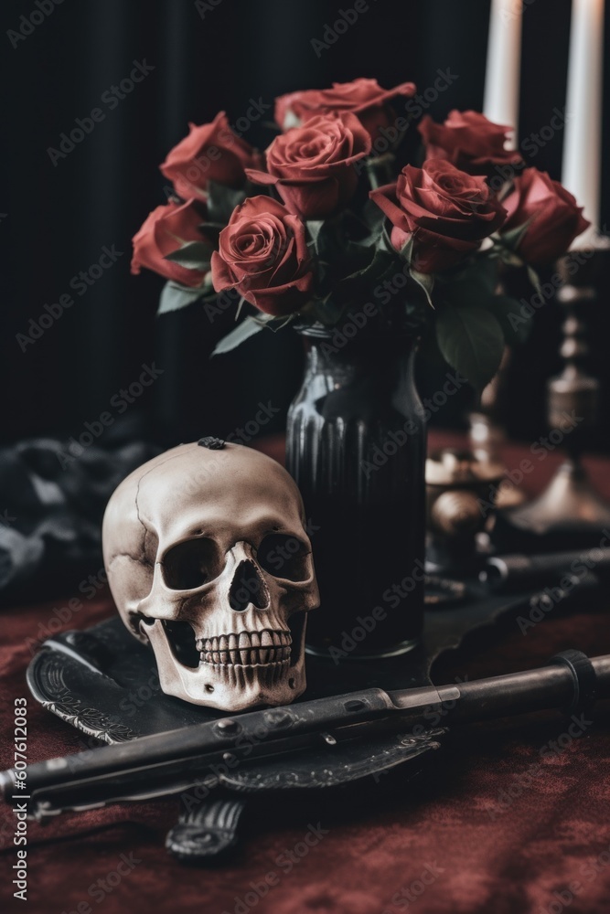 Poster a skull sitting on top of a table next to a vase of roses. generative ai image.