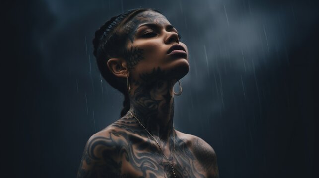 A woman with tattoos and piercings standing in the rain. Generative AI image.
