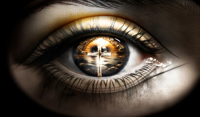 Naklejka premium Human Eye With Cross Divine Gaze. The Powerful Symbolism of the Human Eye Reflecting the Cross, Signifying Faith, Healing, and Prayer. Generative AI. 