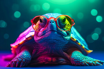 Cute turtle wearing glasses. animal on summer vacation, animal illustration. Ai generative