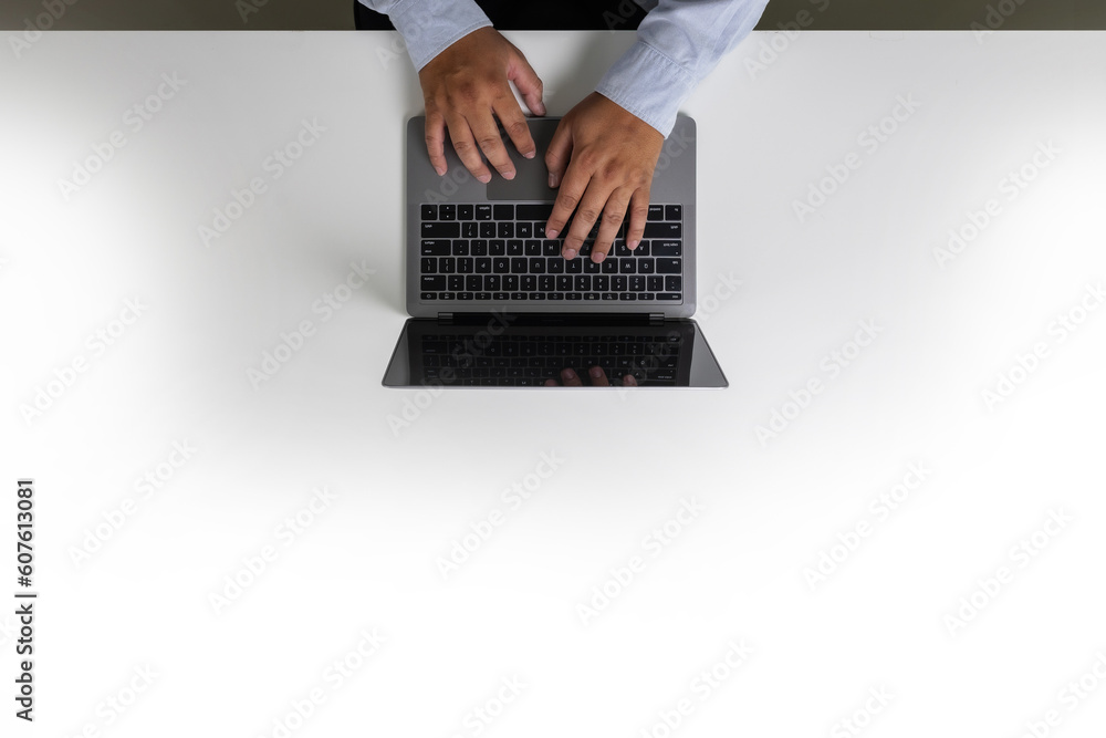 Poster person happy using a computer notebook top view overhead copy workspace workplace planning top idea