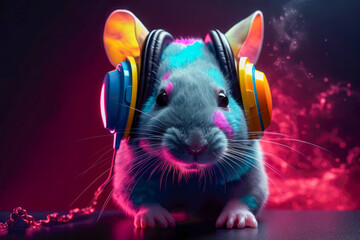 Mouse in headphones leastening music. Generative AI