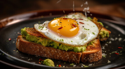 Toast with guacamole and fried egg. Photo for the restaurant menu