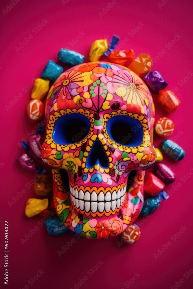 Poster a colorful sugar skull with lots of candy around it. generative ai image.