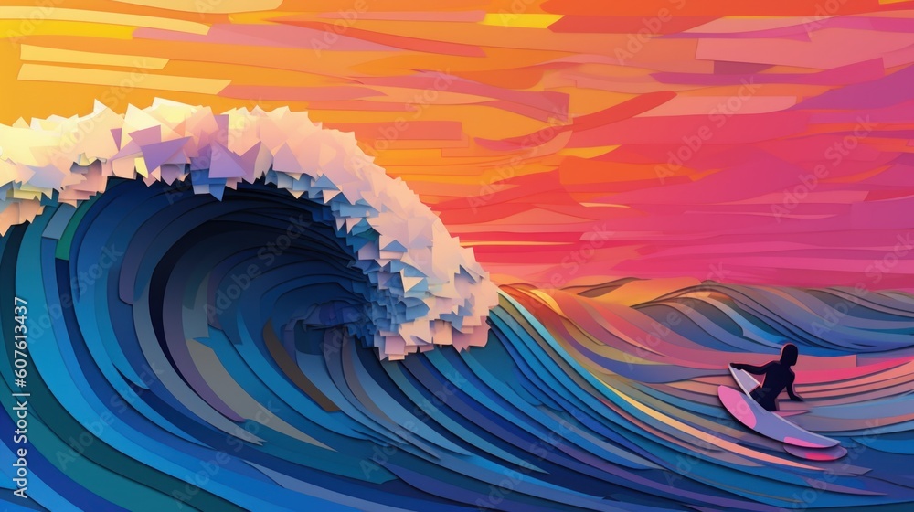 Poster a man riding a wave on top of a surfboard. generative ai image.