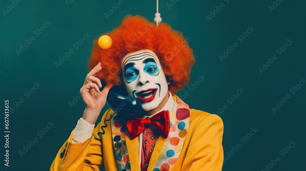 Poster a clown in a yellow jacket and red wig talking on a cell phone. generative ai image.