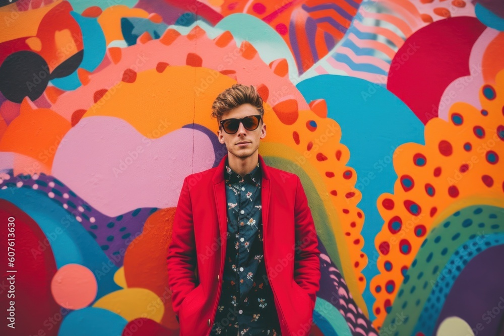 Poster a man standing in front of a colorful wall. generative ai image.
