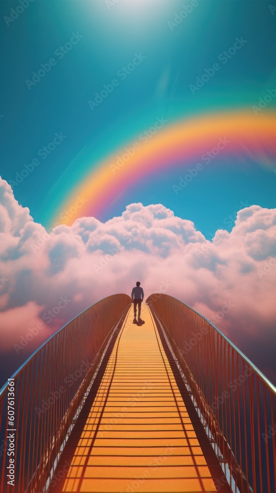 Aufkleber a person standing on a bridge with a rainbow in the background. generative ai image.
