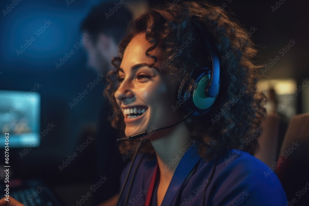 Aufkleber a woman wearing a headset smiles while sitting in front of a computer. generative ai image.