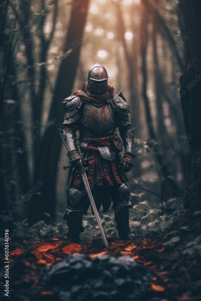 Poster a knight standing in the woods with a sword. generative ai image.