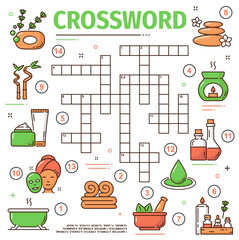 Spa and face beauty, skin health care crossword grid worksheet, find a word quiz. Vector riddle with bathtub, towels, pestle, candle or cream. Cosmetics, mortar, pebbles and bamboo with mask or jar