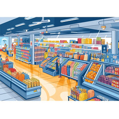 Generative AI Grocery store concept, supermarket with different grocery. Vector illustration in flat style