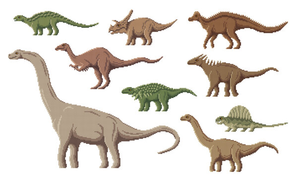Pixel dinosaur characters. 8 bit pixel art game dino animals. Deinocheirus, Amargasaurus, Nodosaurus and Titanosaurus, Panoplosaurus, Hypacrosaurus Jurassic prehistoric reptile, pixel vector dinosaur