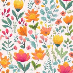 Generative AI Spring flowers and leaves seamless pattern - different types of flowers and leaves, illustration design template