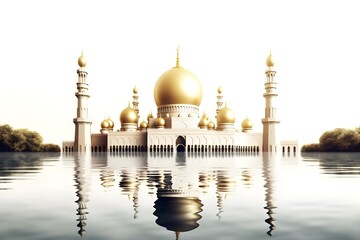 Naklejka premium Illustration of a golden mosque with white background. Generative AI