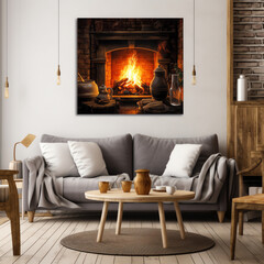 Generative AI Cozy Interior with a fireplace with fire and a picture on the wall