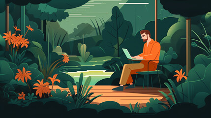 Generative AI Man with laptop sitting in nature and leaves. Concept illustration for working, freelancing, studying, education, work from home. Vector illustration in flat cartoon style