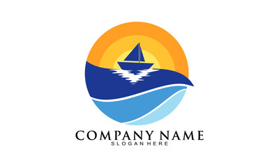 Boat in the sea and sunset illustration vector logo