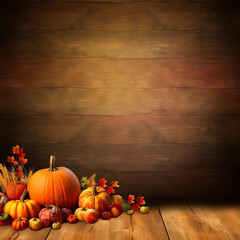 Naklejka na ściany i meble Generative AI Happy Thanksgiving vector illustration with pumpkin, apples, wheat, autumn leaves, corn, cones, acorns on dark wooden background