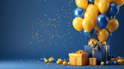 Generative AI Big sale with 3d balloons, realistic blue and yellow air balloons, stars and confetti on blue background. Special offer banner, shop grand opening festive concept. Vector illustration - obrazy, fototapety, plakaty