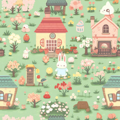Fototapeta na wymiar Generative AI Spring pattern with cute elements - cherry blossom, easter egg basket, house, bees and flowers. Vector illustration in flat cartoon style
