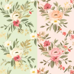 Behang Generative AI Floral pattern - Set of 4 different seamless patterns with spring flowers. Cute girly spring backgrounds, illustration © Generative AI
