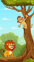 Generative AI Wild animals with landscape - cute cartoon illustration of monkey