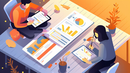 Generative AI Business meeting top view scene with computer, documents, calculator, notepad, coffee cup, and hands of two persons discussing. Flat style vector illustration