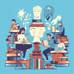 Generative AI Learning and reading. Concept illustration for education, books, university, studying, research, courses. Vector illustration in flat style with small people doing various tasks