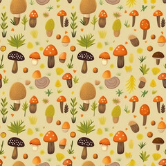 Generative AI Autumn pattern with cute mushrooms, conifer cones and acorns. Seamless background, vector illustration in flat cartoon style