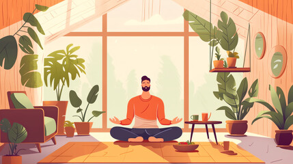 Fototapeta premium Generative AI Yoga at home. Man doing yoga with leaves background Vector illustration in flat style
