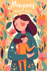 Generative AI Mother s day greeting card. Mother and child hugging and lettering. Vector illustration concept in flat style